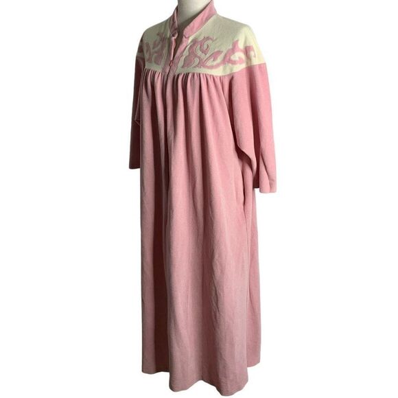 Vintage Vanity Fair Fleece Half Zip Robe L Pink Long Sleeve Applique Pockets - Picture 5 of 7